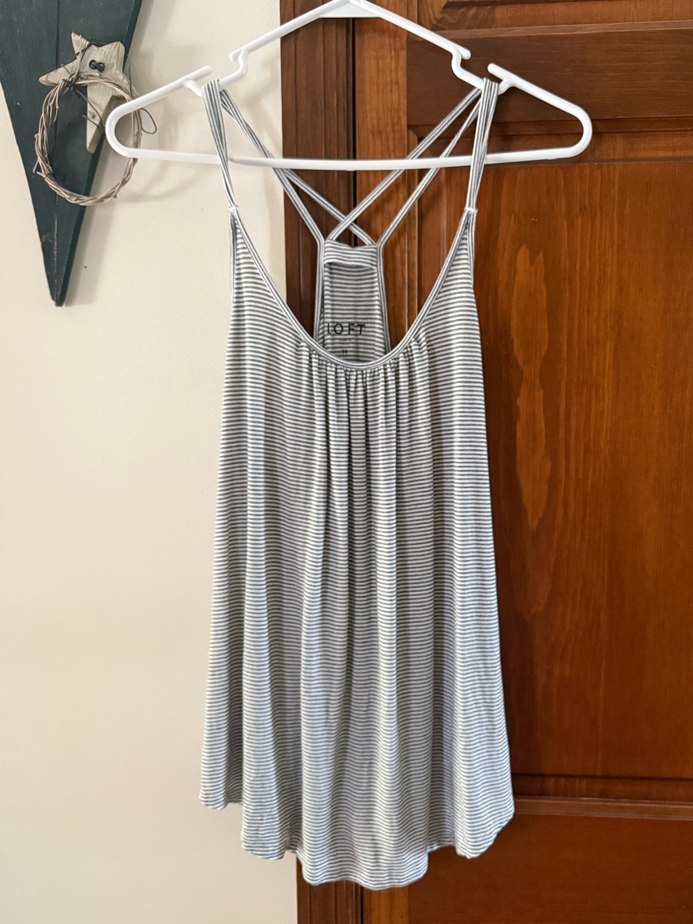 LOFT Gray and White Striped Crisscross-Back Camisole